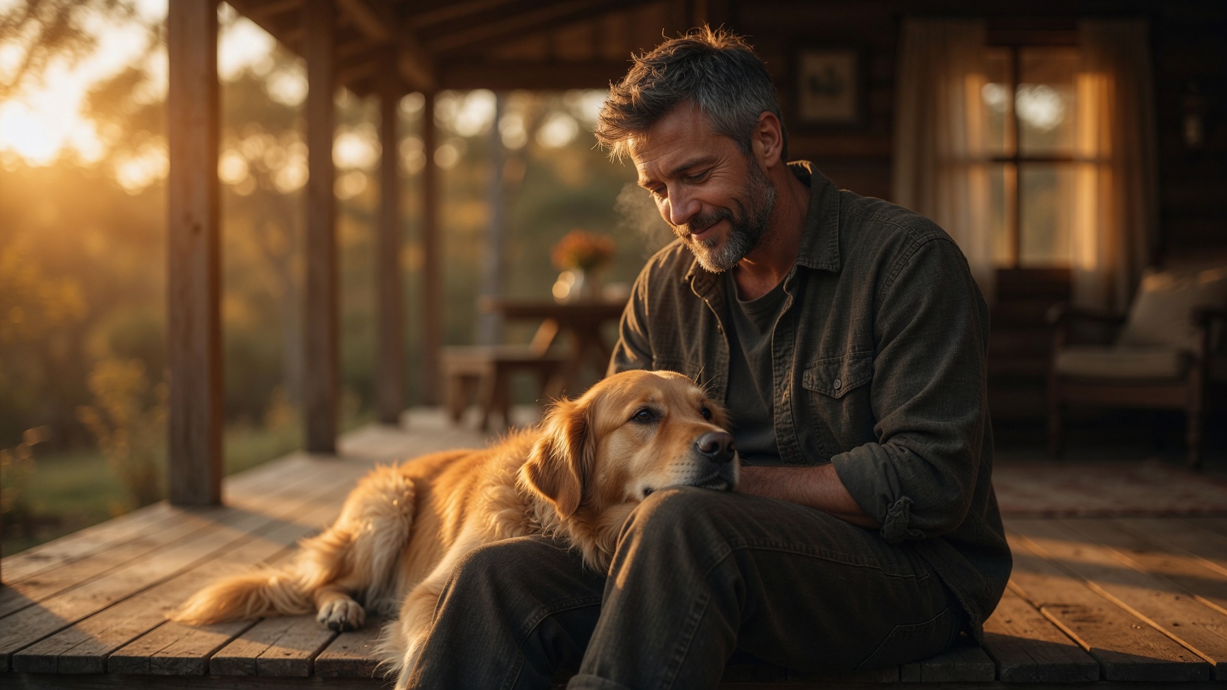 A man sits on a rustic wooden cabin porch in golden-hour light, smiling down at a golden retriever resting against his leg.