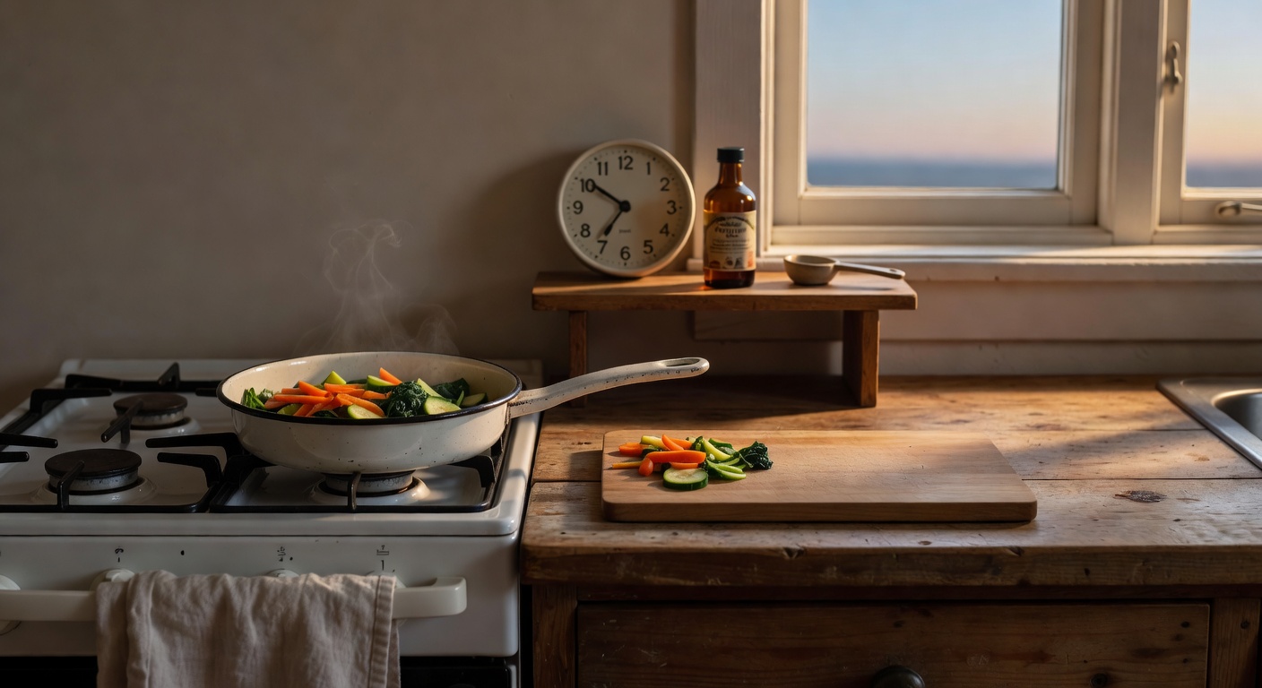 A wide kitchen scene in warm evening light, with softly cooked vegetables in a small pan on a low stove, a bottle of apple cider vinegar resting on a shelf, and a wall clock above showing early evening.