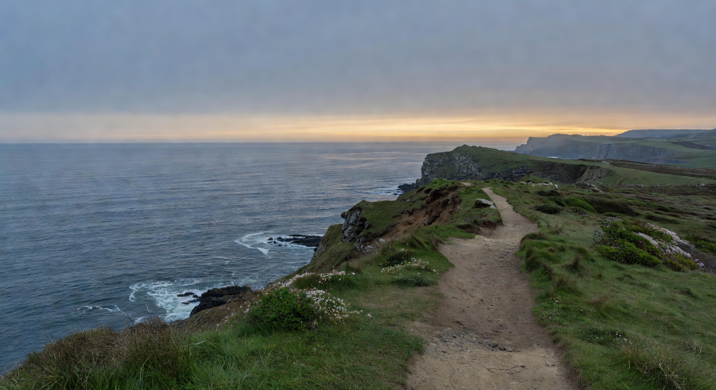 A wide coastal cliffside path at dawn, narrow earthen footpath running along grass-covered sea cliffs with the open sea on the left and faint sunrise glow on the horizon.