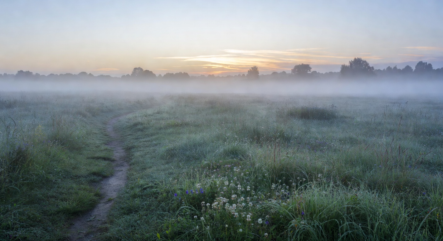 A wide open meadow at early dawn with low fog hanging above dewy grass, a narrow walking path winding into the mist toward distant tree silhouettes.