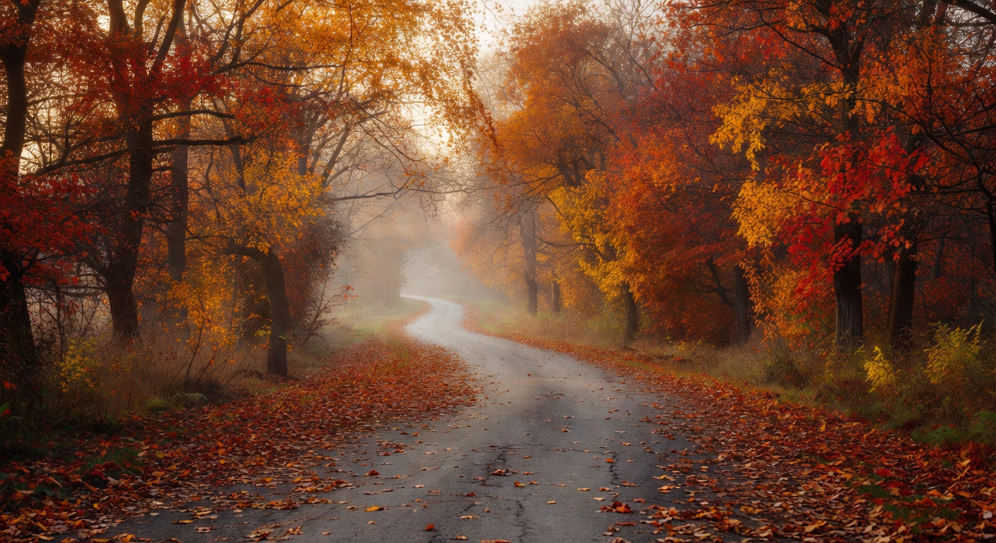 A wide rural country lane in autumn at early morning with light fog, the paved lane curving past mature deciduous trees in full amber and red color.