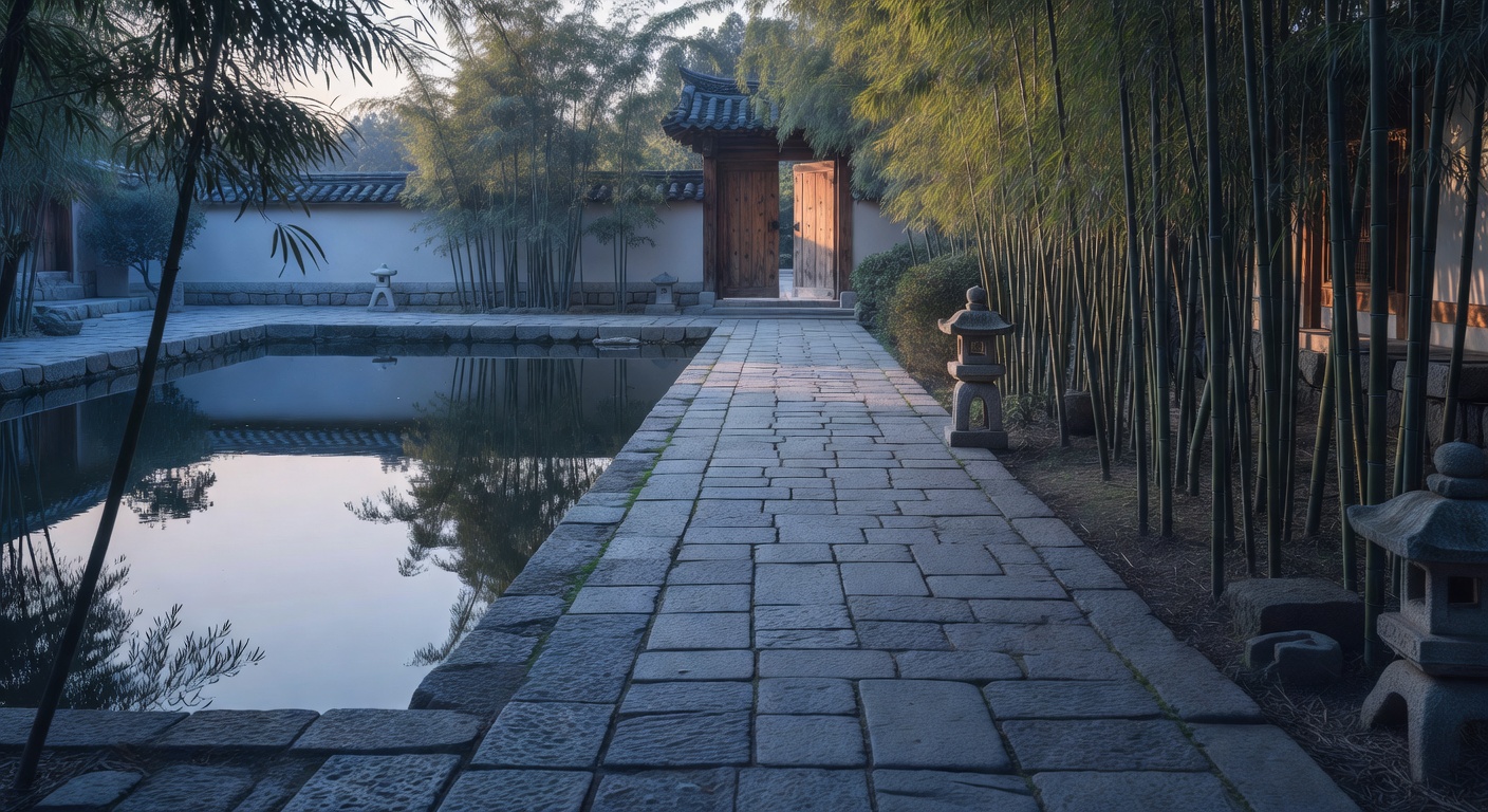 A wide traditional East Asian courtyard at early morning with a stone walkway past a reflecting pond and bamboo growing along the right side.