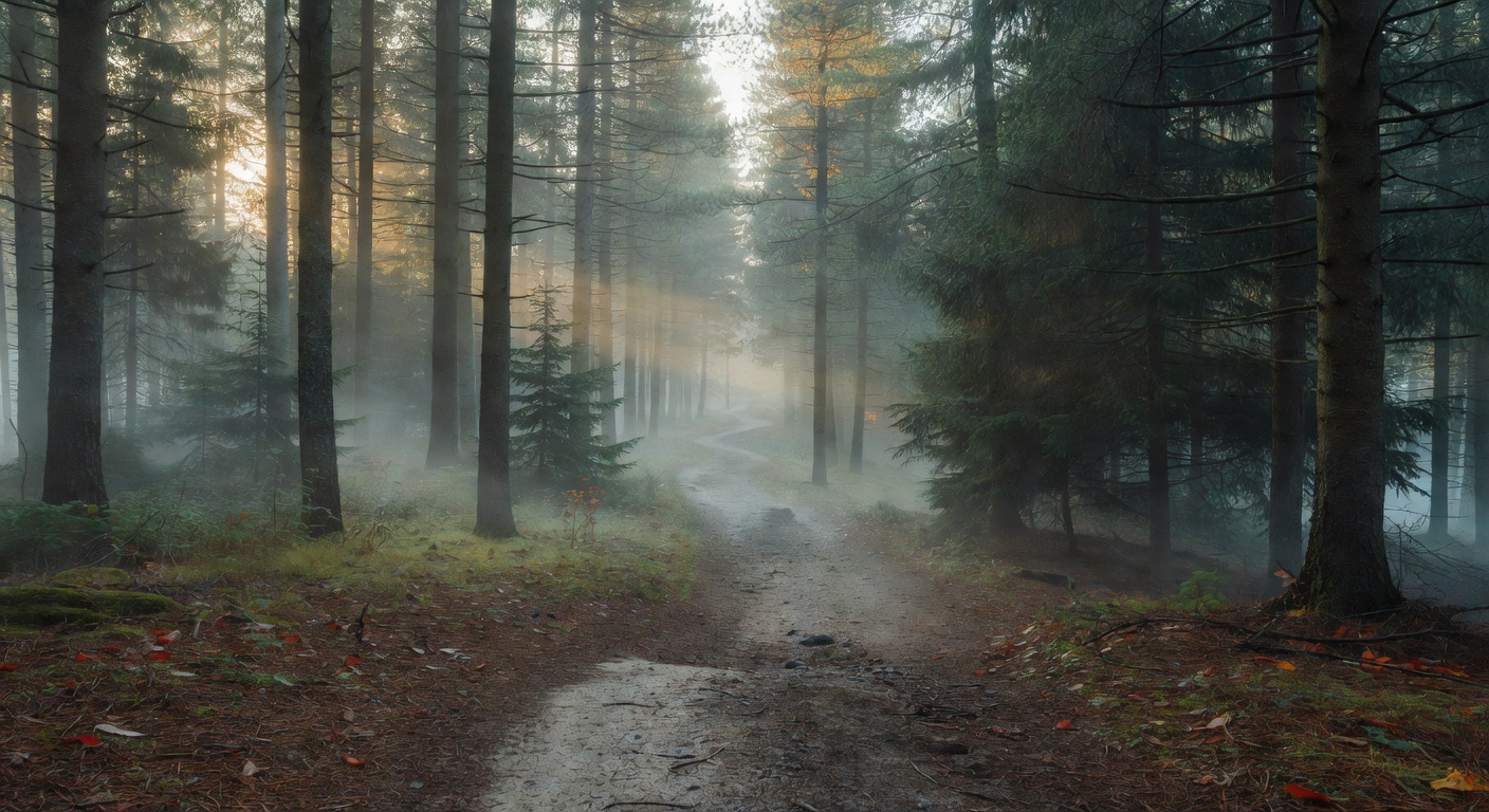 A wide forest trail at dawn with mist rising between tall conifers and shafts of pale gold light cutting through the canopy.