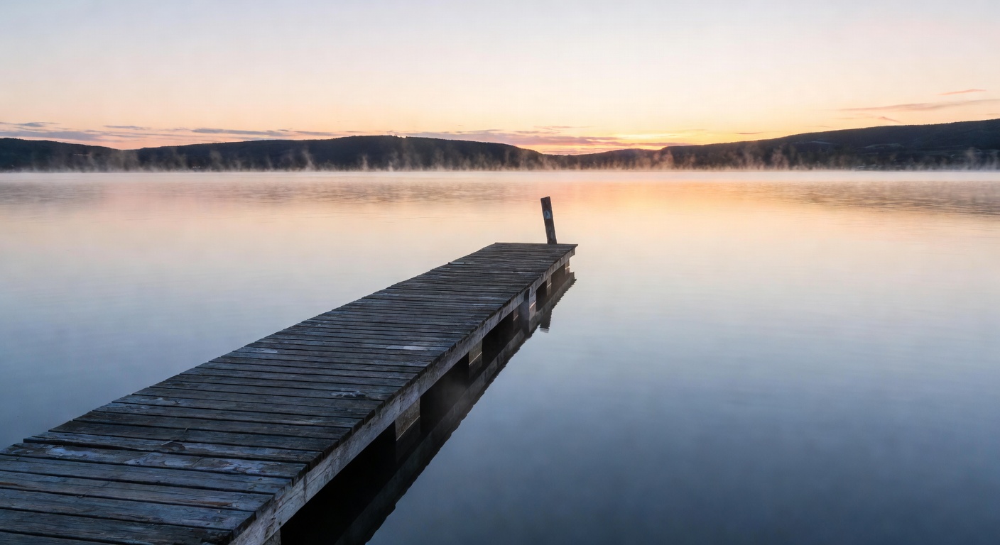 A wide waterfront at dawn with a weathered wooden dock extending into mist over still glassy water and low hills silhouetted against a pink-gold sky.