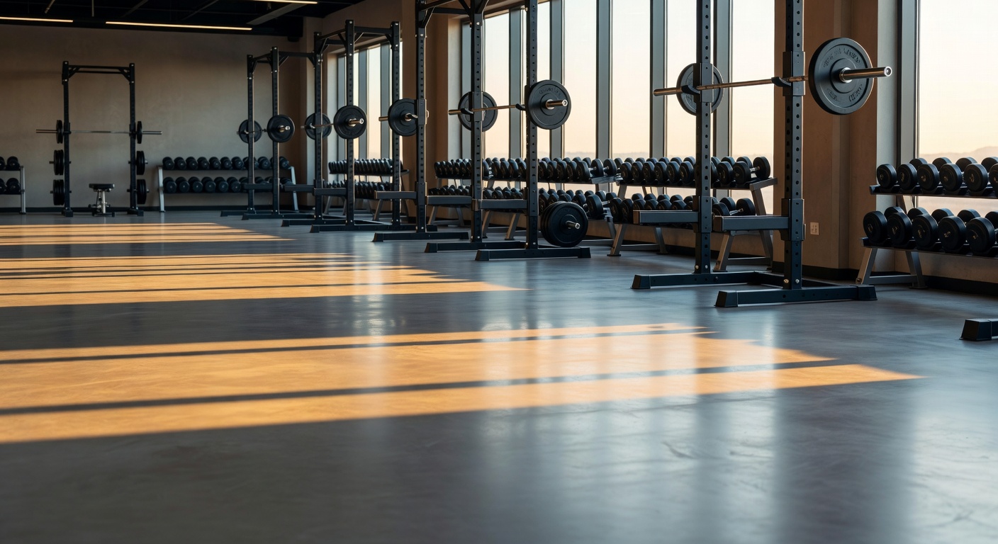 A wide empty modern weight room at golden hour, late sunlight casting long warm rectangles across polished concrete floors past racked barbells and dumbbells.