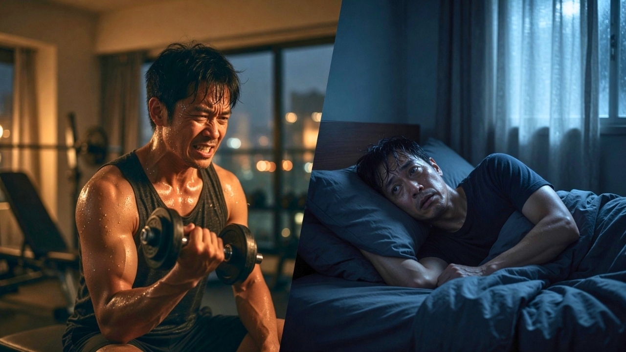 A split image: on the left a sweating man strains through a heavy dumbbell curl in a dim apartment at night; on the right the same man lies awake in bed with his eyes open in the dark.