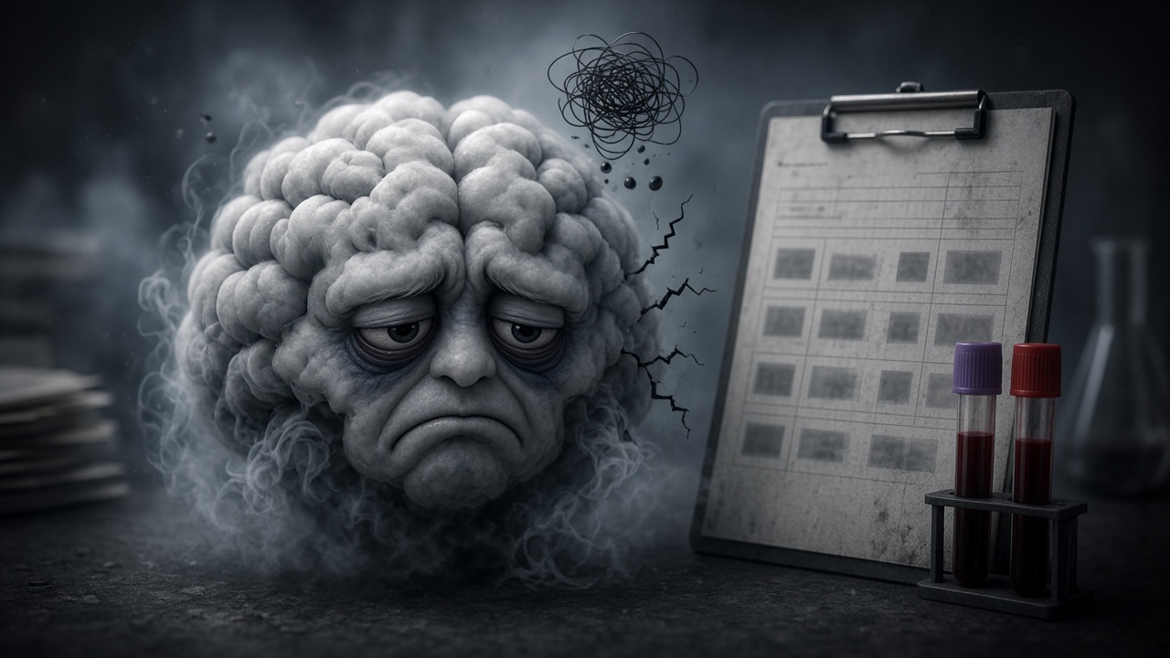 A weary, sad-faced brain wreathed in grey fog with a tangled scribble of confusion above it, beside a clipboard of lab forms and two vials of blood.