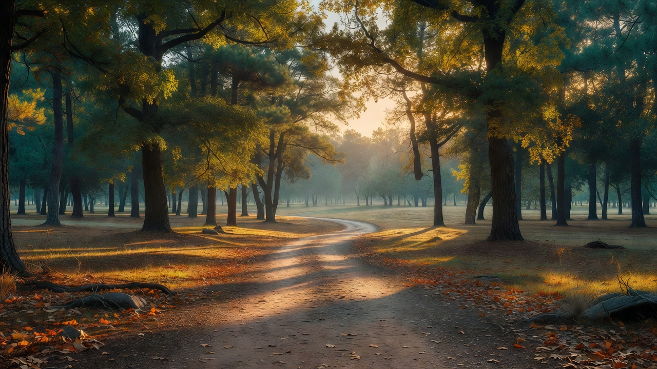 A quiet woodland trail winding through open forest in warm late-afternoon light, sunlight breaking in dappled patches across the path.