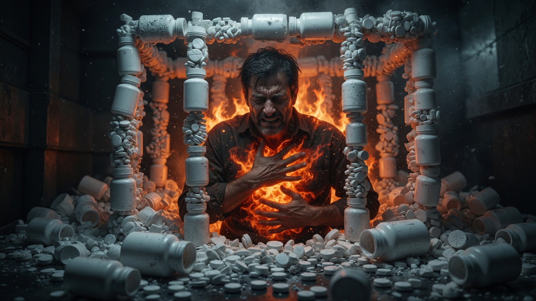 A man grimaces and clutches his chest as flames rise from his torso, framed and surrounded by towering white pill bottles and scattered pills.