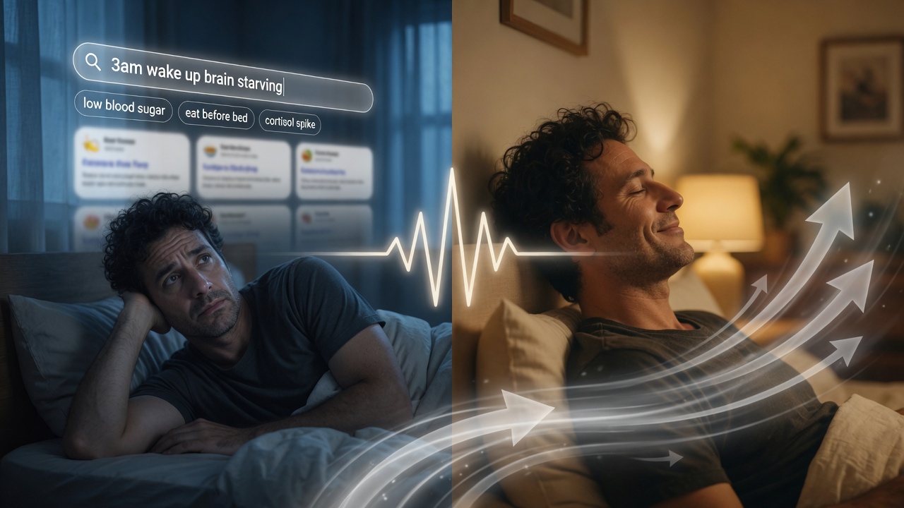 A split image: on the left a worried man lies awake at night beneath a phone search that reads "3am wake up brain starving" with suggestions like low blood sugar and cortisol spike; on the right the same man sleeps peacefully as glowing arrows rise.