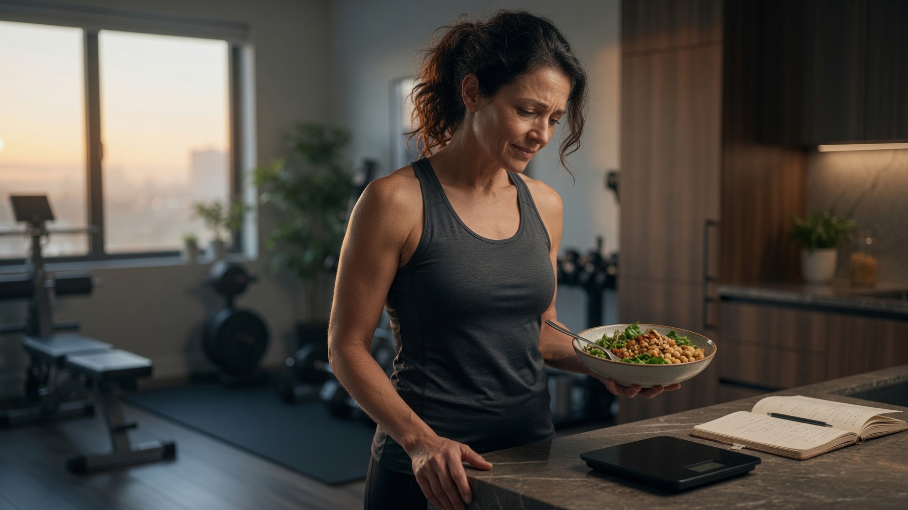 A woman in workout clothes stands at a kitchen counter in a home gym, looking with uncertainty at a bowl of chickpea salad, a digital food scale and an open journal on the counter beside her.