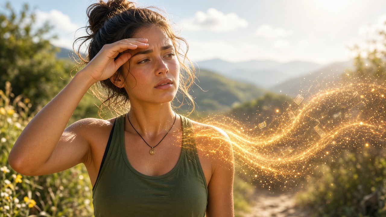A woman on a sunlit mountain trail wipes her brow, flushed and fatigued, as a stream of glowing golden particles drains away from her into the air.
